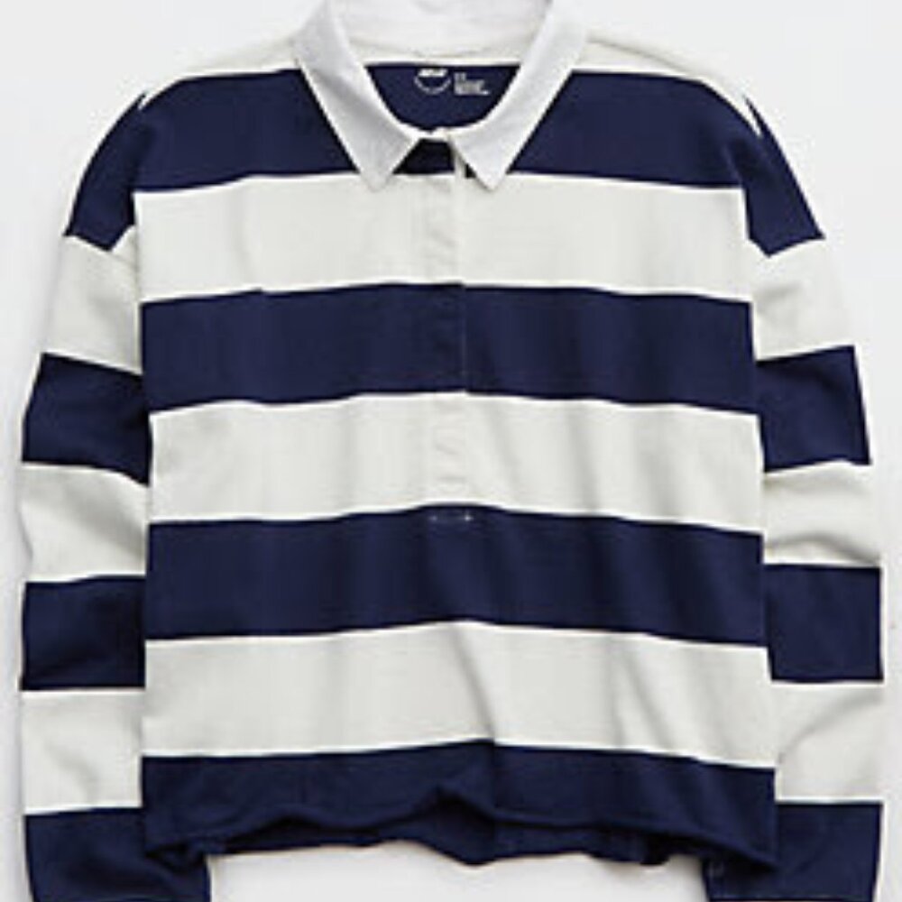 Aerie Sporty Prep Rugby Polo - Navy & White Striped - Size XS (oversized fit)